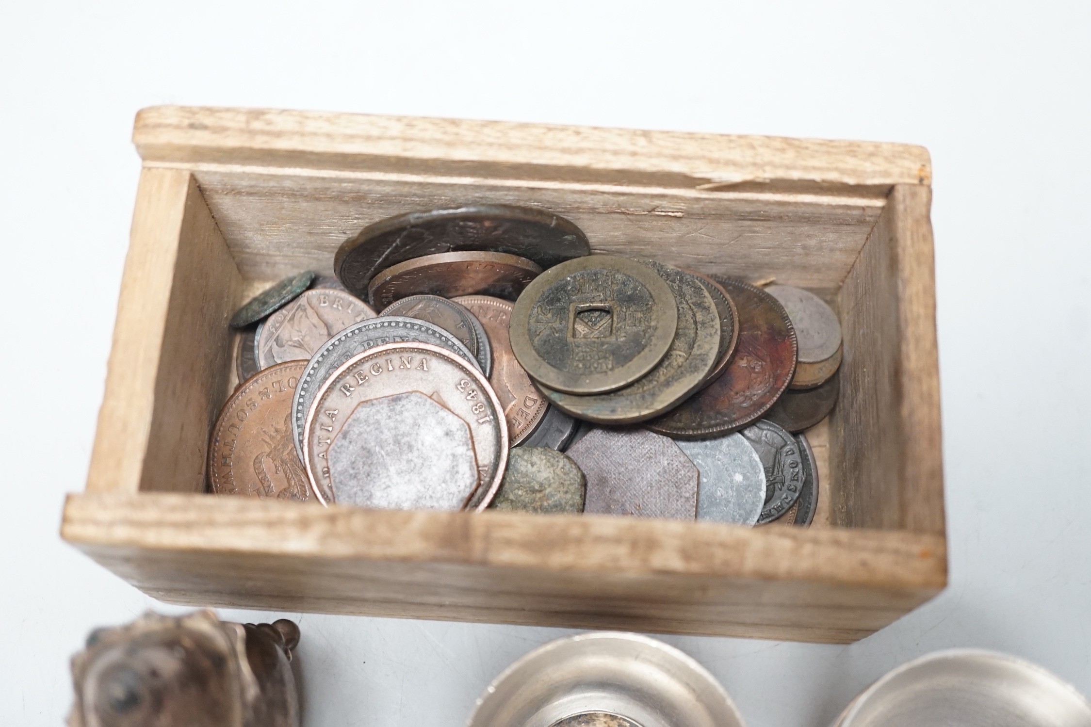 Assorted coins and silver plated wares, including Chinese Qing and Japanese coinage